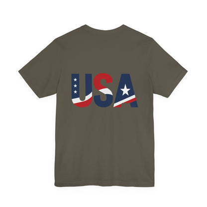 USA Flag Back Graphic Tee | GreyRider Threads Logo Front