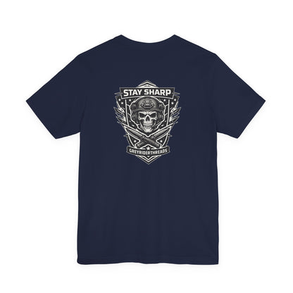 Stay Sharp Tactical T-Shirt, Skull Shield Graphic Tee, Military Inspired Shirt, Edgy Operator Style Apparel, Tactical Gift
