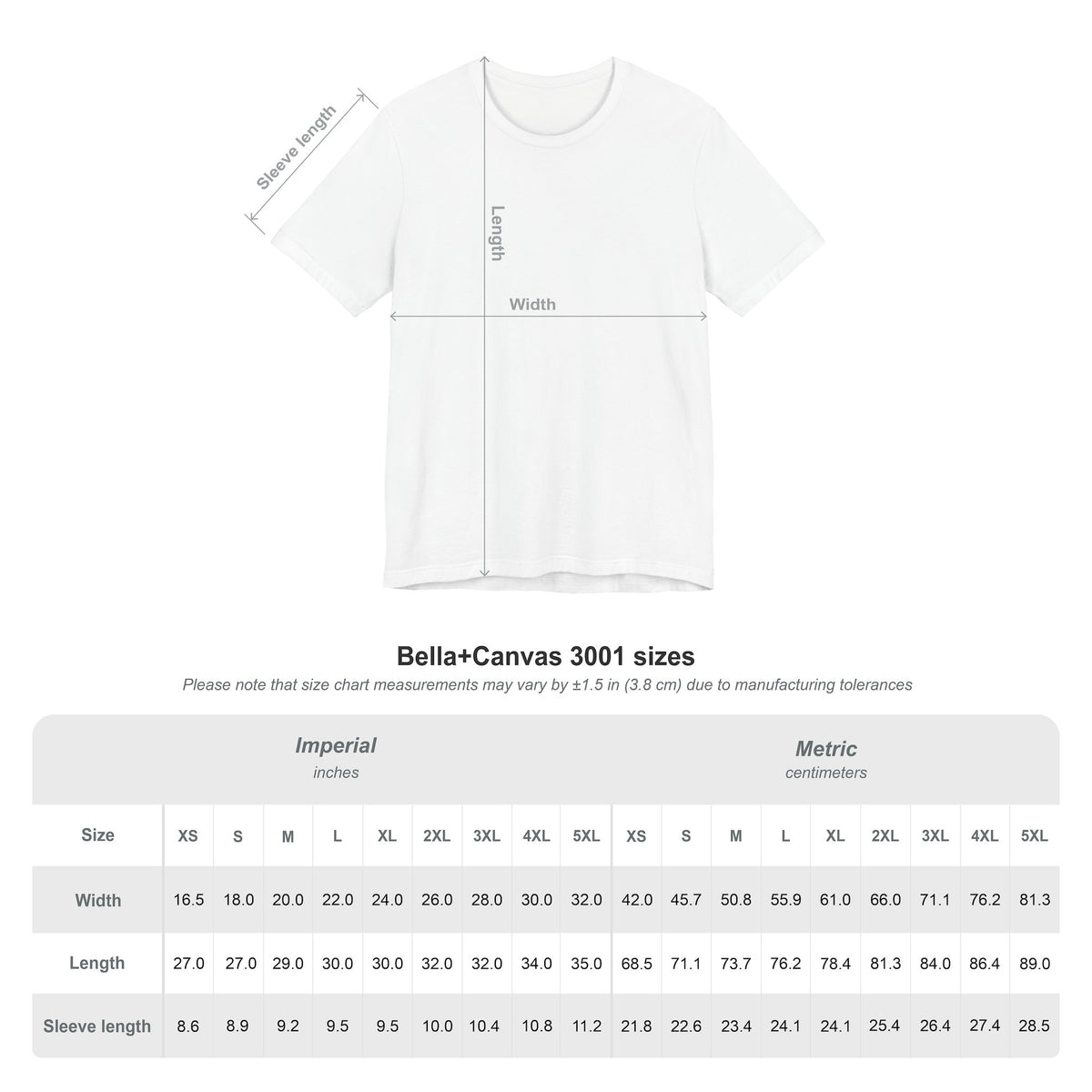 Bella+Canvas 3001 unisex t-shirt size chart for the Weathered Compass T-Shirt, sizes XS–5XL