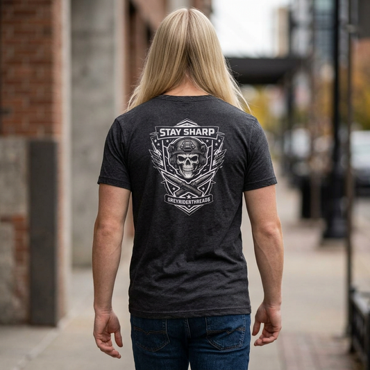 Stay Sharp Tactical T-Shirt, Skull Shield Graphic Tee, Military Inspired Shirt, Edgy Operator Style Apparel, Tactical Gift