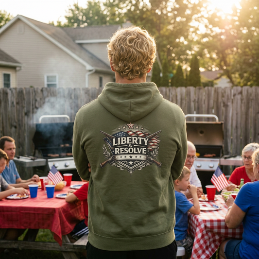 Liberty & Resolve Patriotic Hoodie, American Flag Sweatshirt, Freedom Graphic Hoodie, USA Gift, Minimalist Patriot Apparel