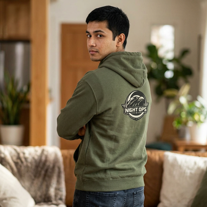 Night Ops Raven Hoodie — Raven Back Graphic & GreyRider Threads Logo
