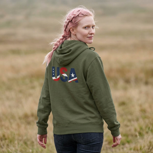 USA Flag Graphic Hoodie | GreyRider Threads Logo, American Colors