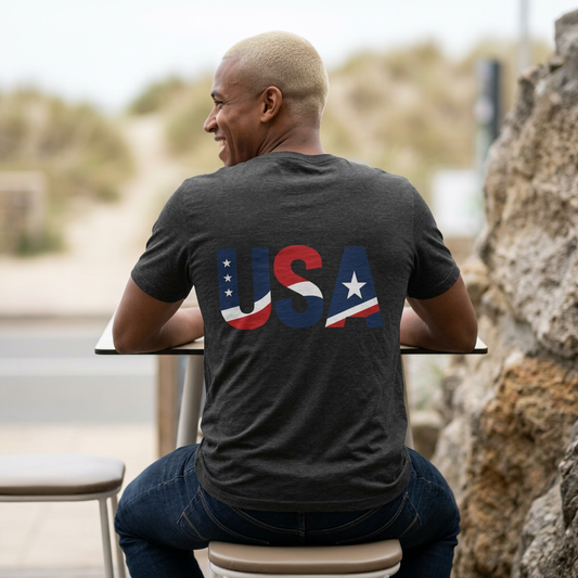 USA Flag Back Graphic Tee | GreyRider Threads Logo Front