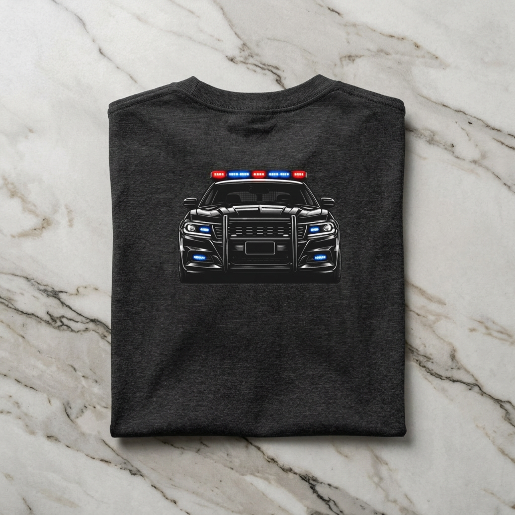 Police Patrol Car T-Shirt | Front Badge Crest, Back Cruiser Graphic