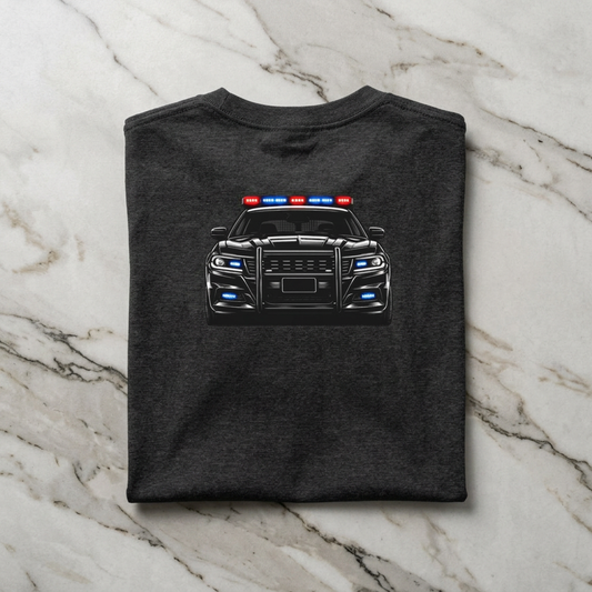 Police Patrol Car T-Shirt | Front Badge Crest, Back Cruiser Graphic
