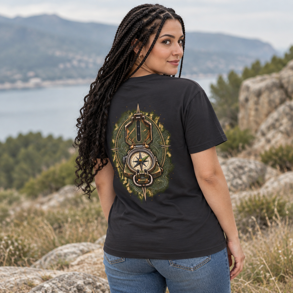 Woman with long braids in a black compass t-shirt, back view of the olive and brass land navigation graphic