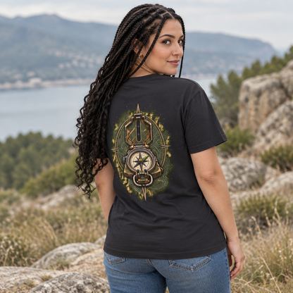 Woman with long braids in a black compass t-shirt, back view of the olive and brass land navigation graphic
