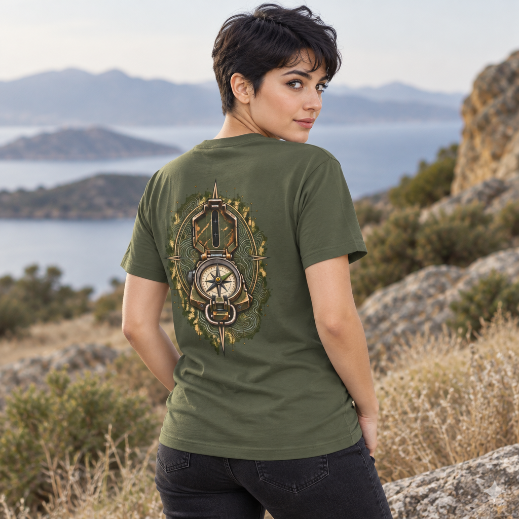 Woman in a military green t-shirt, back view with a weathered brass compass and topographic map design