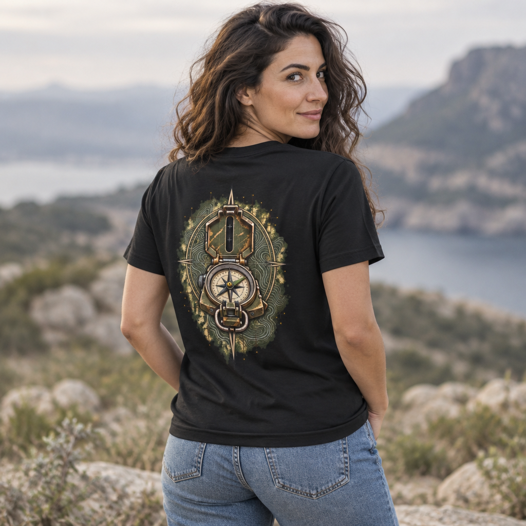 Woman in a black Weathered Compass t-shirt, back view with a brass military compass on an olive topographic emblem
