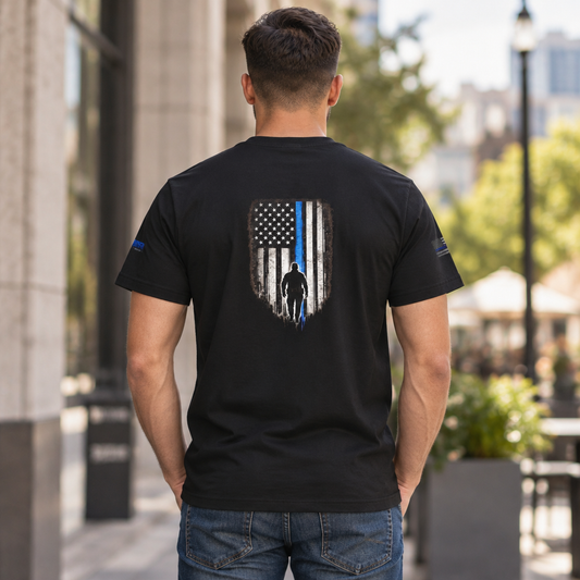 Thin Blue Line Flag T-Shirt – Black, back view on model – thin blue line American flag with officer silhouette on back