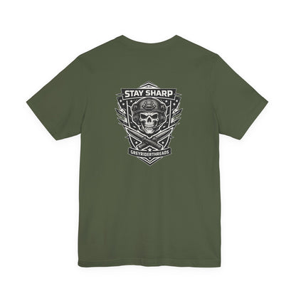 Stay Sharp Tactical T-Shirt, Skull Shield Graphic Tee, Military Inspired Shirt, Edgy Operator Style Apparel, Tactical Gift