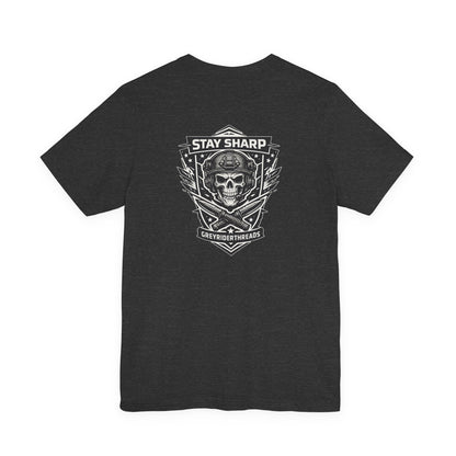 Stay Sharp Tactical T-Shirt, Skull Shield Graphic Tee, Military Inspired Shirt, Edgy Operator Style Apparel, Tactical Gift
